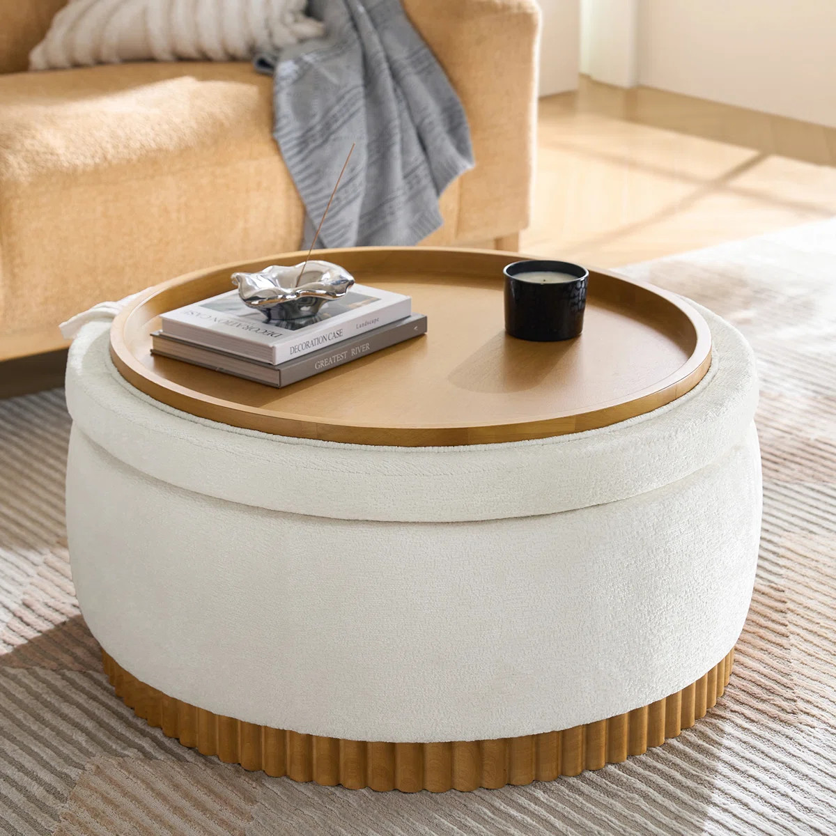 Lessman 35" W Solid Wood Round Ottoman with Flip Top Tray | Wayfair North America