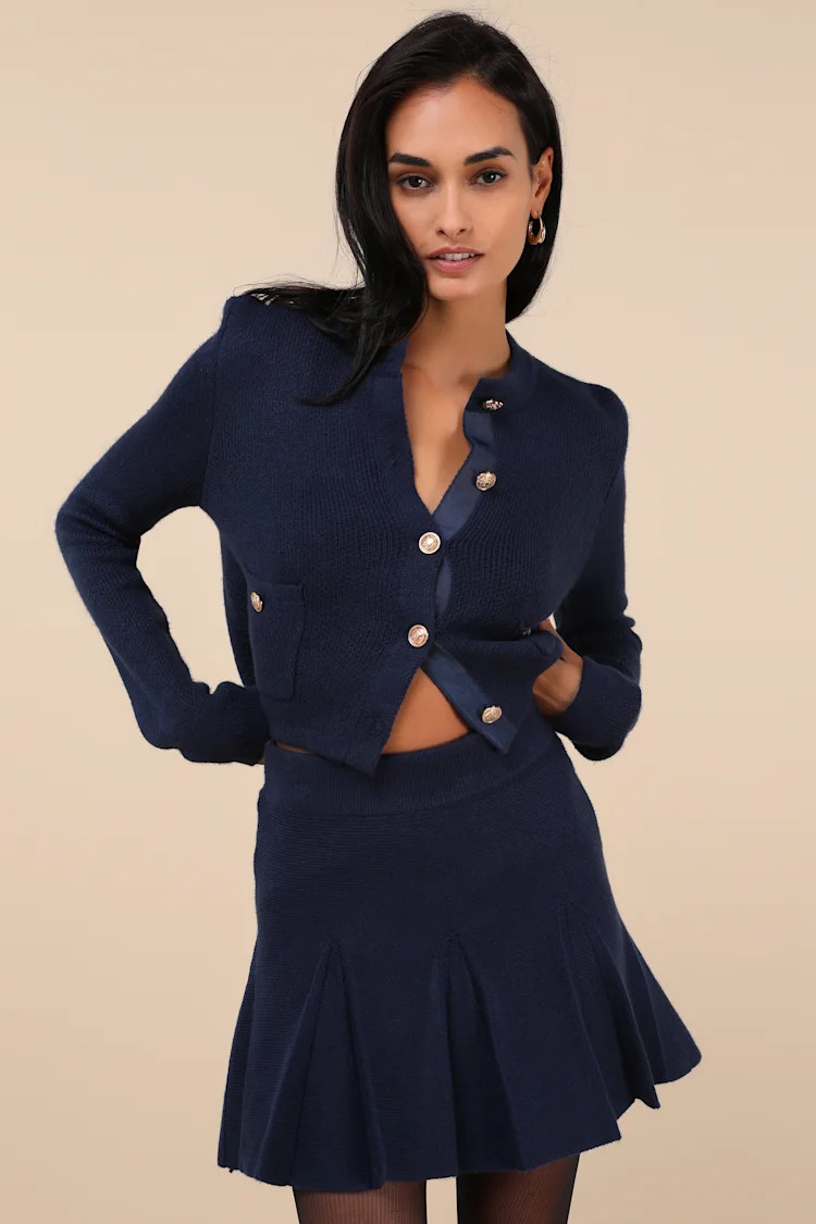 Most Adorable Vibes Navy Blue Knit Pleated High-Rise Mini Skirt | Lulus