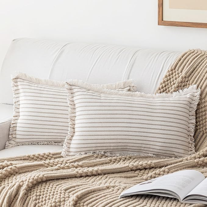 Throw Pillow Covers 12x20 Set of 2 Striped Fringe Pillow Cover Farmhouse Cushion Covers with Tass... | Amazon (US)
