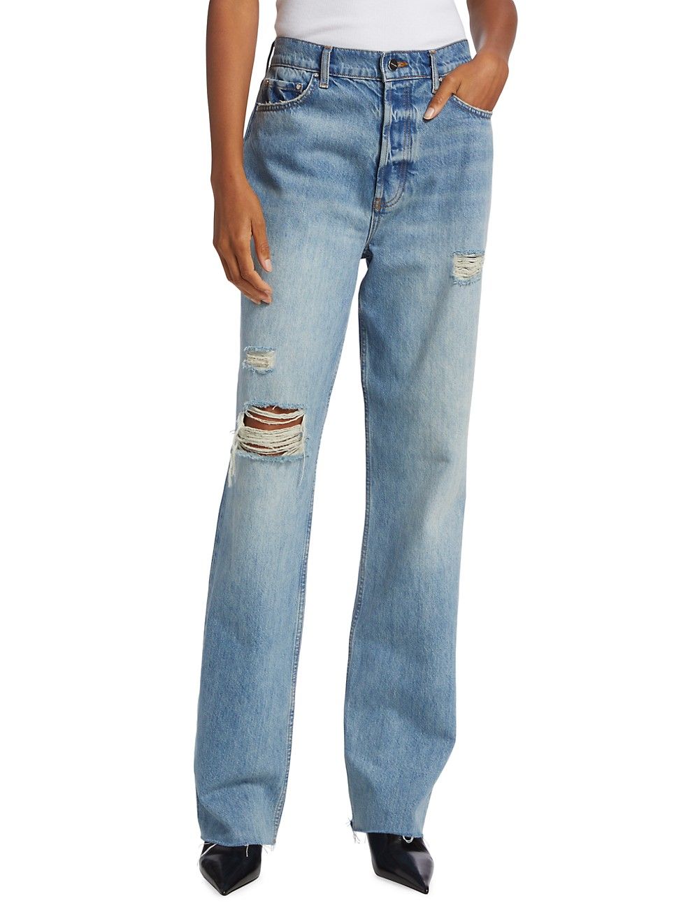 Olsen High-Rise Distressed Straight-Leg Jeans | Saks Fifth Avenue
