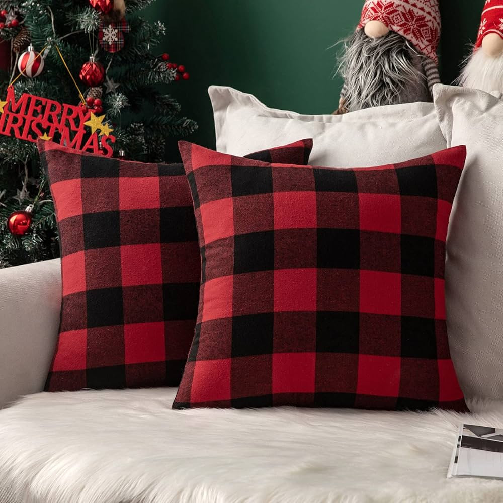 MIULEE Pack of 2 Christmas Classic Farmhouse Buffalo Check Plaids Polyester Linen Soft Solid Blac... | Amazon (US)