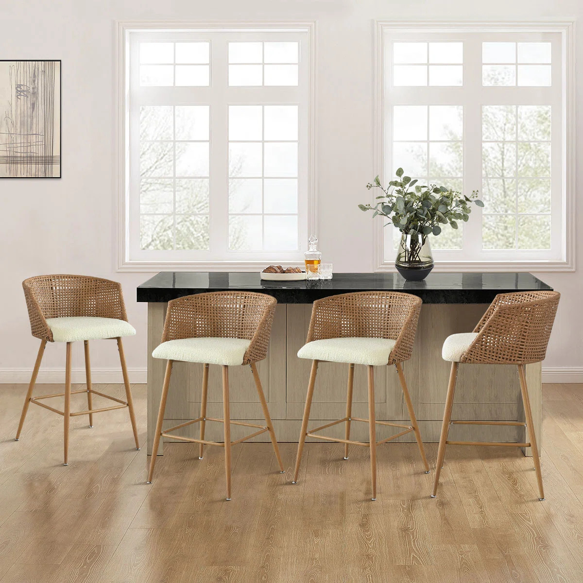 Bhagirath Set of 4 Rattan 27" Upholstered Boucle Full Back Arm Counter Stool (Set of 4) | Wayfair North America
