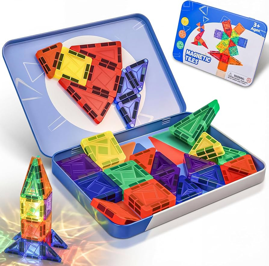 Mini Magnetic Tiles,42PCS Magnetic Building Blocks with Metal Storage Box,STEM Toys for Kids Ages... | Amazon (US)