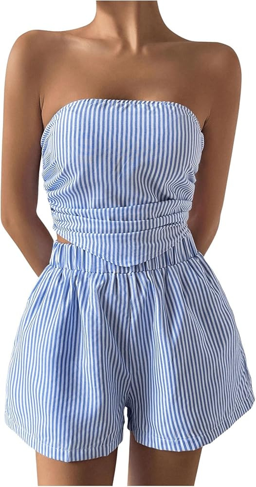 MakeMeChic Women's Summer 2 Piece Outfits Striped Ruched Shirred Bandeau Top and Shorts Sets | Amazon (US)