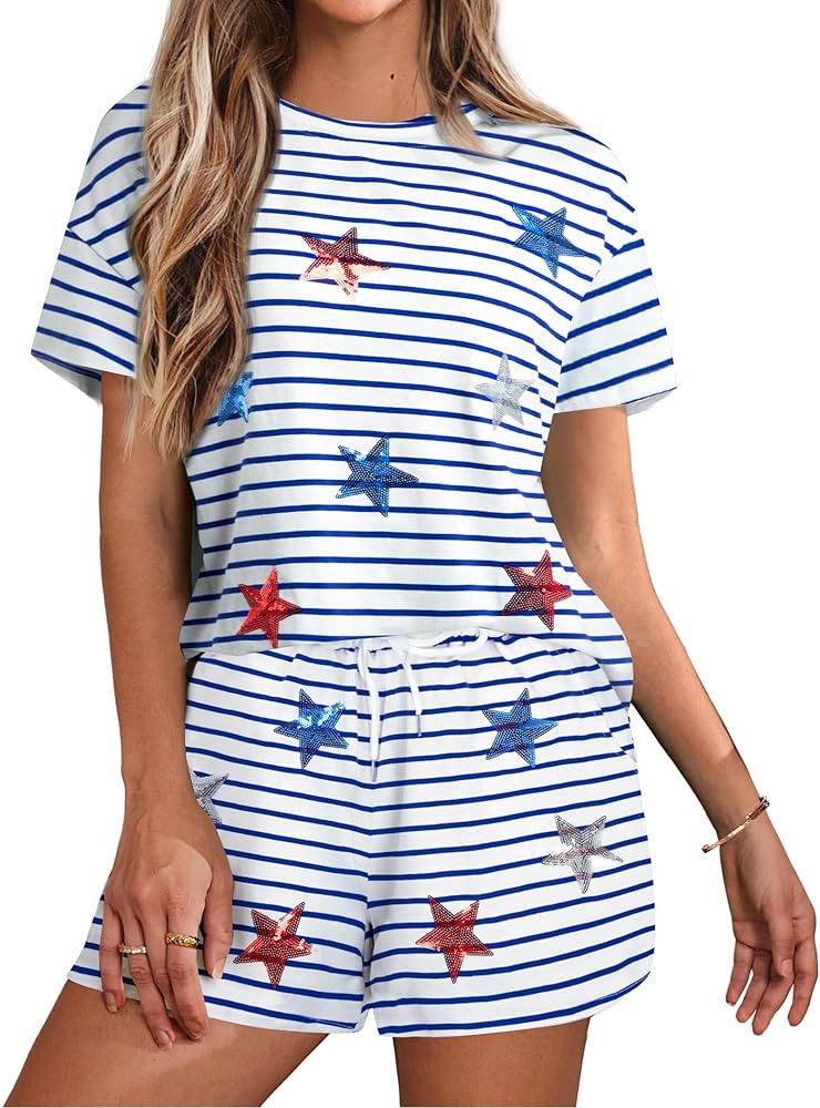 VILOVE 4th of July 2 Piece Sequin Outfits Women Star Stripe Shirts and Short Sets Casual Patrioti... | Amazon (US)