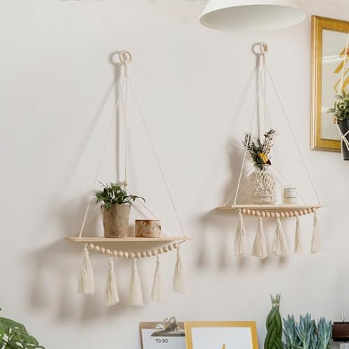 Artilady Macrame Wall Hanging Shelf - 2 Pack Wood Shelves Boho Wall Shelf Decor with Tassels & Wooden Beads, Rustic Floating Shleves Plant Aesthetic Room Decor for Teen Girls | Amazon (US)