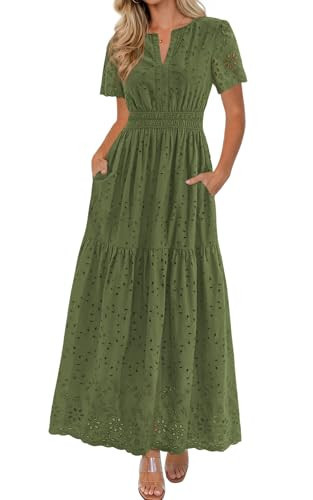 PRETTYGARDEN Short Sleeve Spring Dresses for Women 2026 Elegant Classy Boho High Waist A Line Pleated Wedding Guest Dress (Army Green, Small) | Amazon (US)