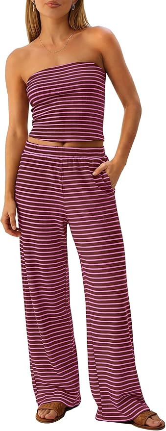 ANRABESS Women 2 Piece Sets Summer Striped Outfits Matching Tube Top Wide Leg Lounge Pants 2026 T... | Amazon (US)