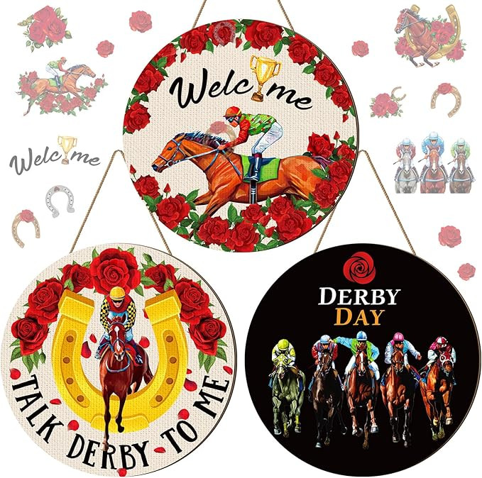 3 Pcs 12 Inch Derby Door Decoration Derby Wooden Door Sign Hanger Horse Racing Hanging Decoration... | Amazon (US)