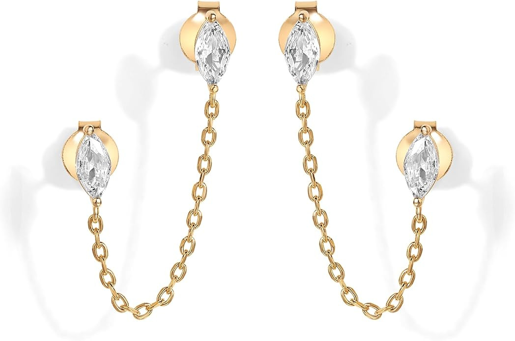 PAVOI 14K Gold Plated Delicate CZ Chain Earrings for Women - Double Piercing Dangle Chain Studs -... | Amazon (US)
