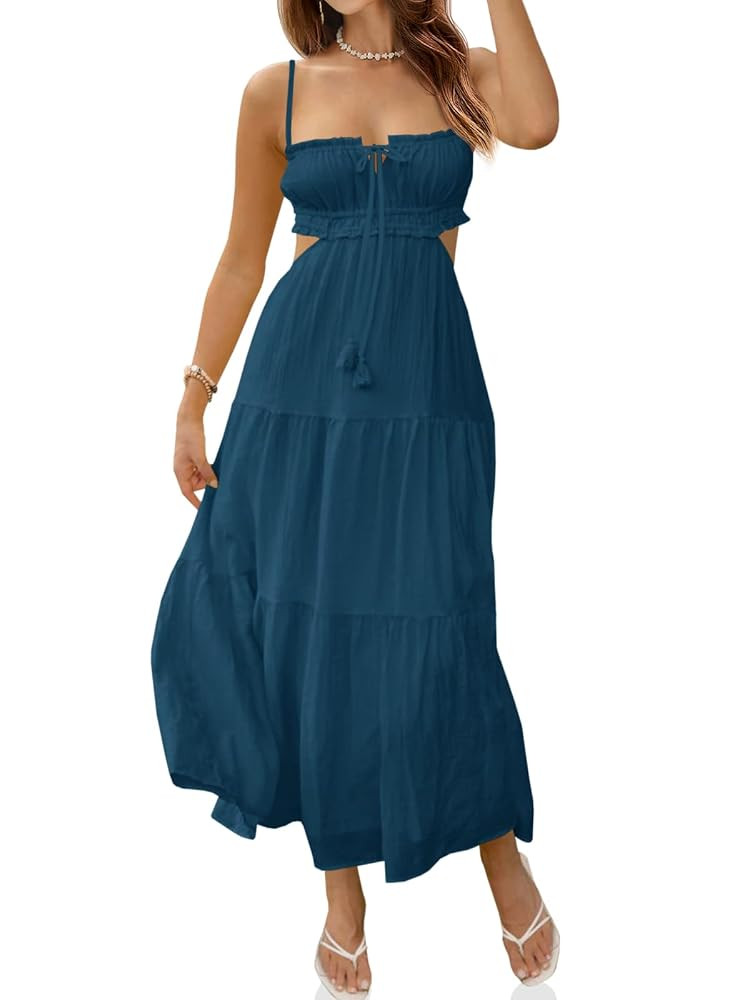 Fisoew Women's Spaghetti Strap Maxi Dress Summer Sleeveless Side Cut Out Dress Casual Boho Backle... | Amazon (US)