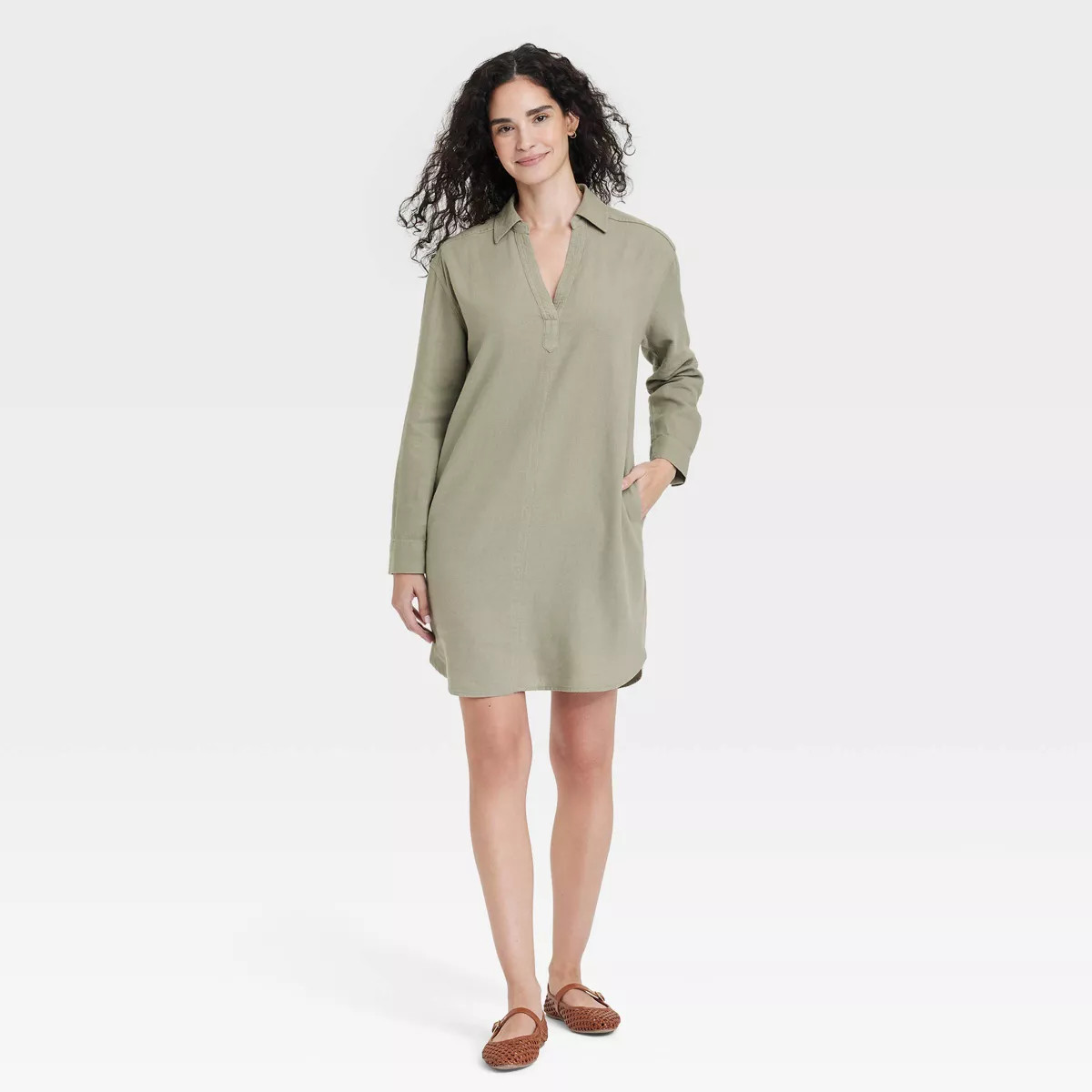 Women's Long Sleeve Popover Mini Shirtdress - Universal Thread™ Olive Green S | Target
