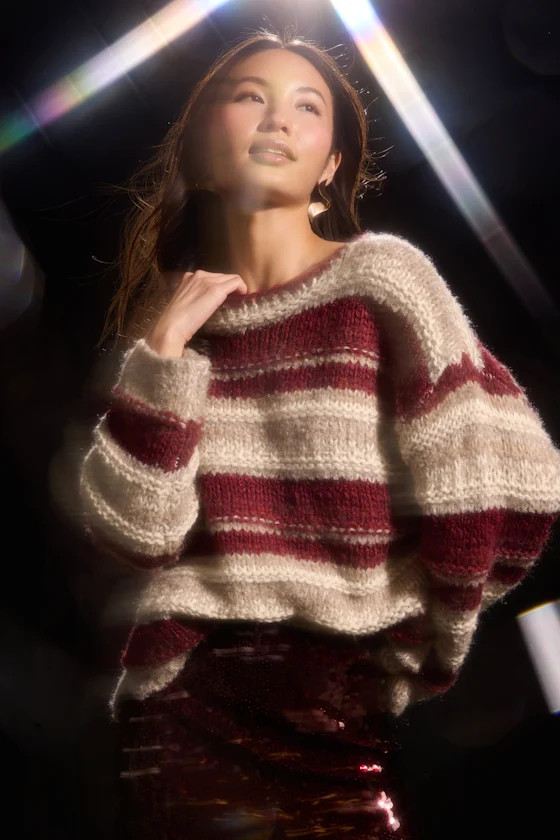 Brea Red and Beige Striped Oversized Sweater | Lulus