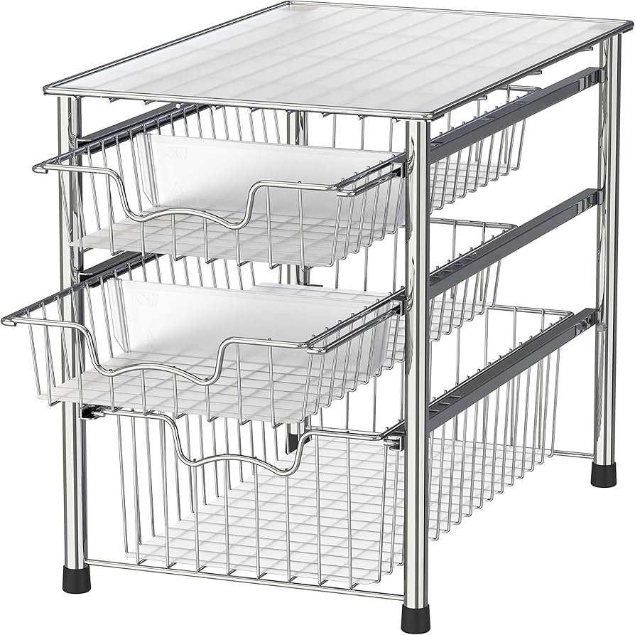 Simple Houseware Stackable 3 Tier Sliding Basket Organizer Drawer, Chrome | Amazon (US)