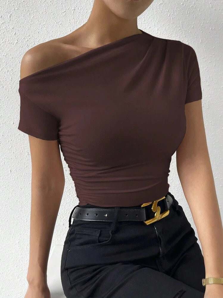 Rafferiza Women's Summer Slim Fit Solid Color Asymmetrical Collar Pleated Short Sleeve T-Shirt | SHEIN