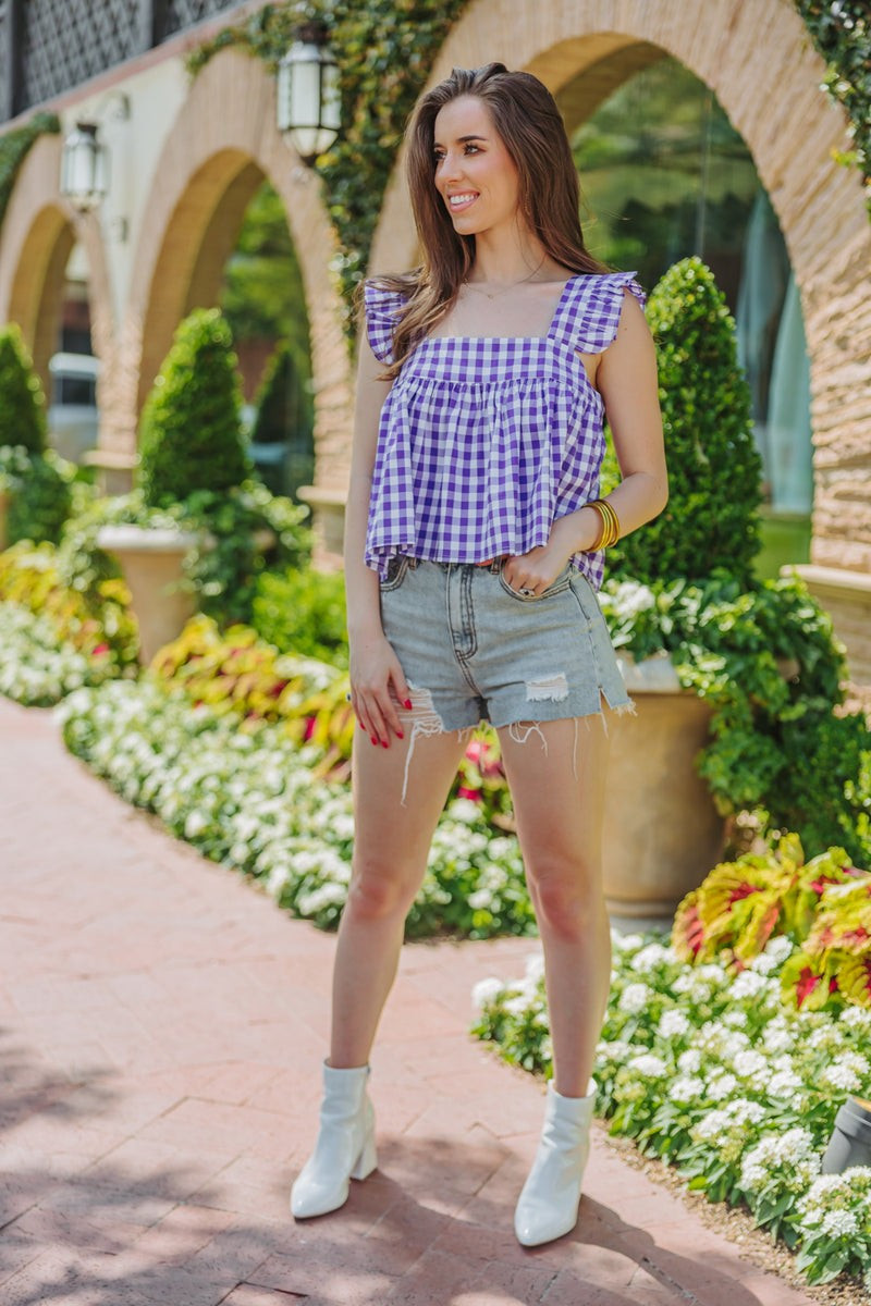 BuddyLove | Kyle Ruffle Swing Tank Top | Purple Checker | BuddyLove