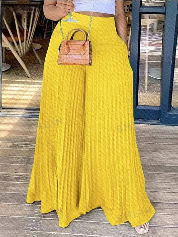 SHEIN Slayr Summer Elegant Elastic Waist Yellow Pleated Large Hem Extra Long Wide Leg Pants Women... | SHEIN