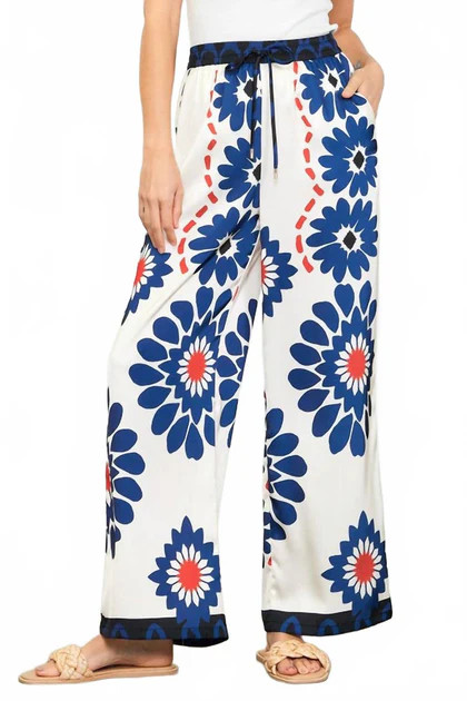 Floral Co-Ord Wide Leg Pants In Ivory/navy | Shop Simon