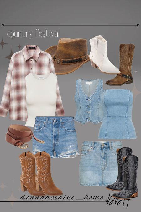 Classic look for a summer concert/festival: denim shorts, tank and plaid shirt. I also love the cute dressier version of denim vest or strapless top with a skirt! 
Summer fashion, country western looks 

#LTKSeasonal #LTKBeauty #LTKFindsUnder50