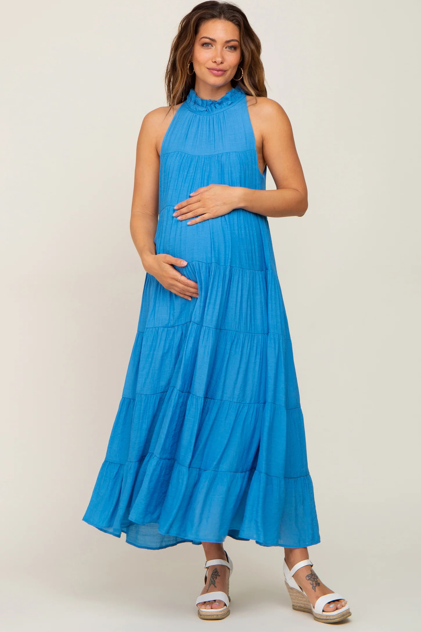 Blue Tiered High Neck Maternity Maxi Dress | PinkBlush Maternity