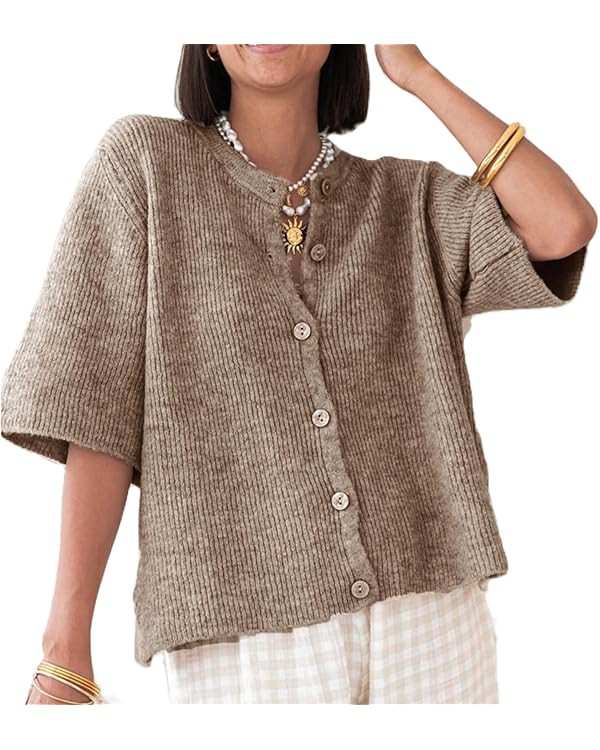 Women's Y2K Button Down Cardigans Shirts Summer Short Sleeve Knitted Blouse Top Going Out Cropped... | Amazon (US)