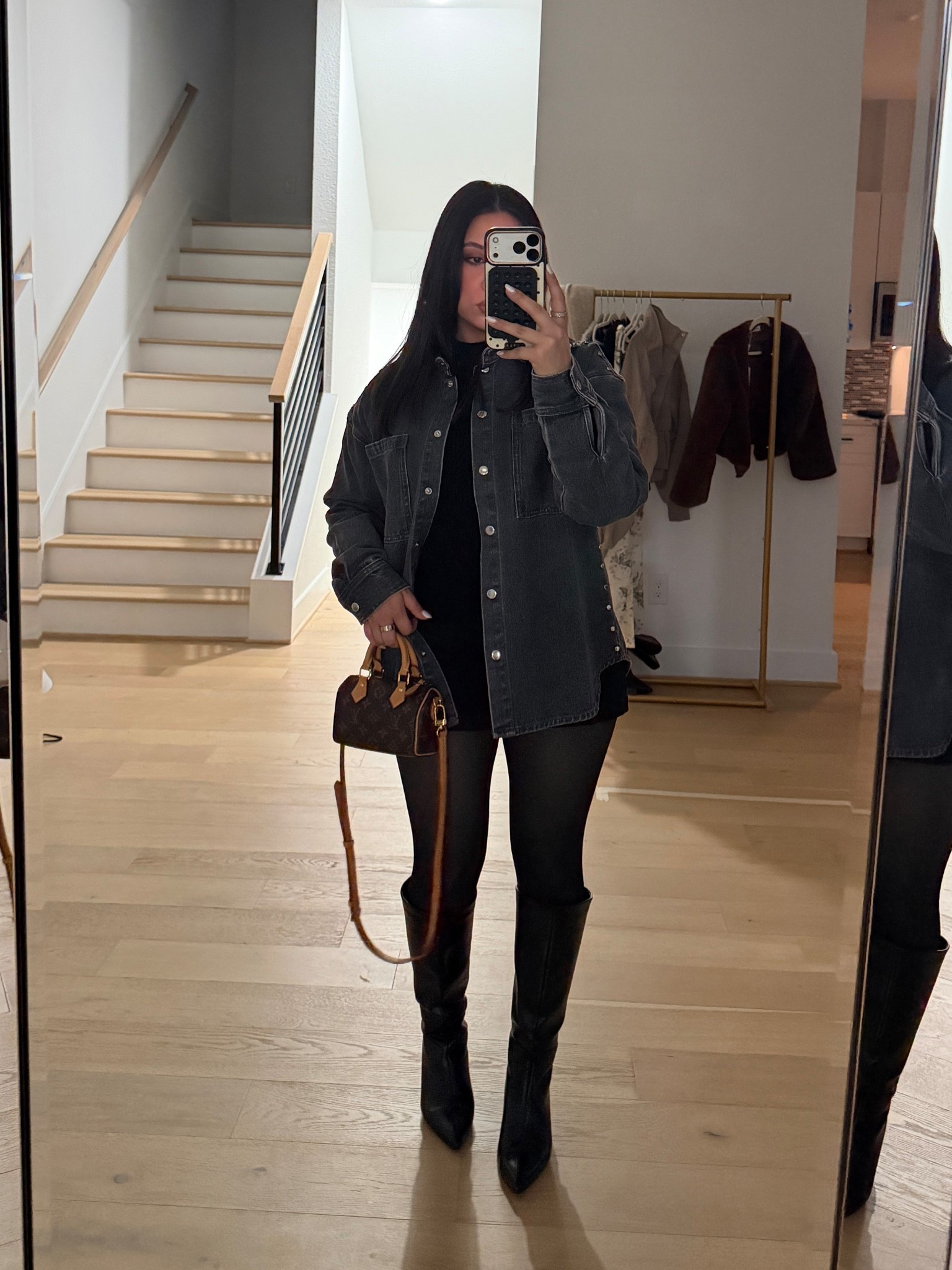 Sweater: small 
Skirt: small 
Studded denim jacket: 4 
Fleece lined tights 
Nano speedy 

#LTKPetite #LTKgrwm #LTKootd