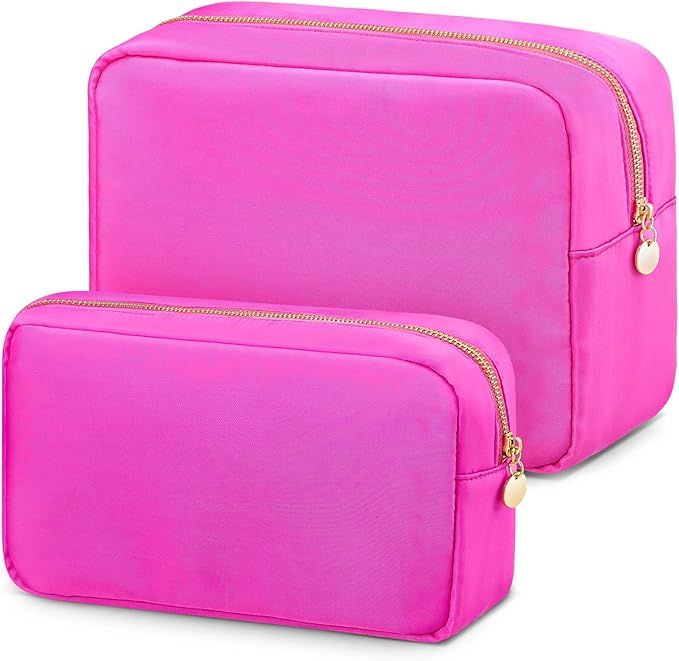 Amylove 2 Pcs Hot Pink Makeup Bag Large Nylon Travel Cosmetic Bag Pouch with Zipper Makeup Pouch ... | Amazon (US)