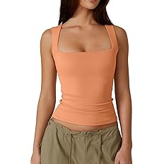 QINSEN Women's Square Neck Sleeveless Double-Layer Tank Tops Basic Tight T Shirts | Amazon (US)