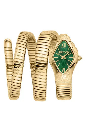 Just Cavalli Snake Wraparound Bracelet Watch, 22mm x 36.5mm in Gold/Green at Nordstrom Rack | Nordstrom Rack