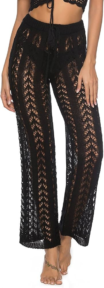 JUDYBRIDAL Womens High Waist Crochet Net Hollow Out Cover Up Mesh Beach Bikini Swimsuits Pants | Amazon (US)