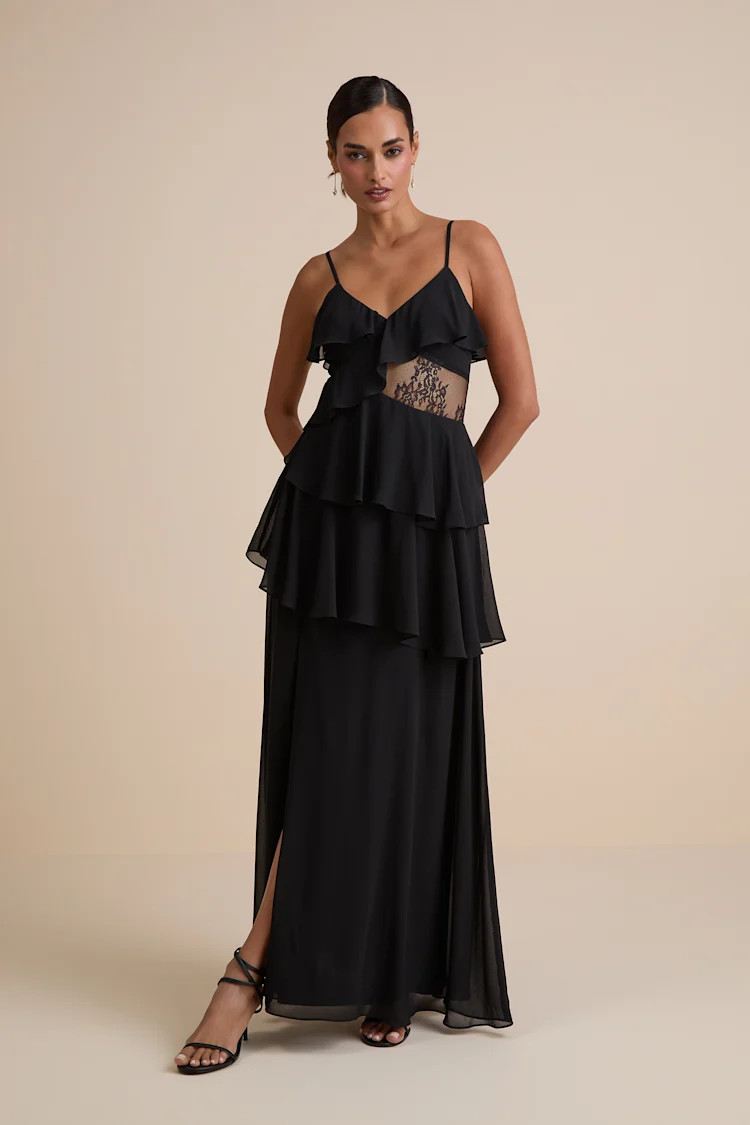 Dalena Black Ruffled Lace Maxi Dress | Lulus