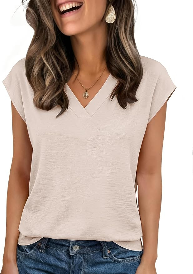 Zeagoo Womens Tops Cap Short Sleeve Textured Blouse V Neck Summer Shirts | Amazon (US)