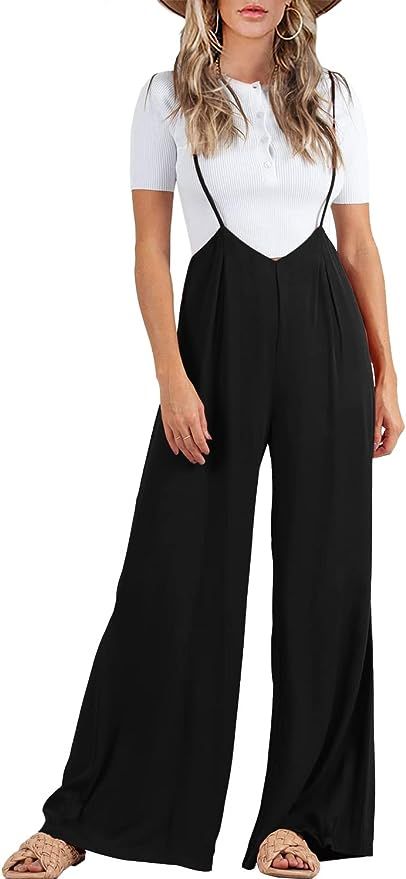 FSHAOES Womens Suspender Overalls High Waist Loose Sleeveless Wide Leg Jumpsuit Spaghetti Strap B... | Amazon (US)