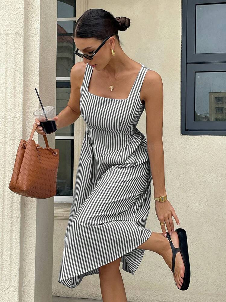 Serisse Women Casual Striped Sleeveless Mid-Length Dress, Summer Vacation Holiday Resort | SHEIN
