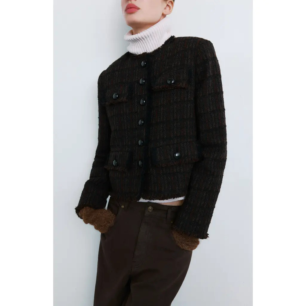MANGO Pocket Tweed Jacket in Chocolate at Nordstrom, Size X-Small | Nordstrom