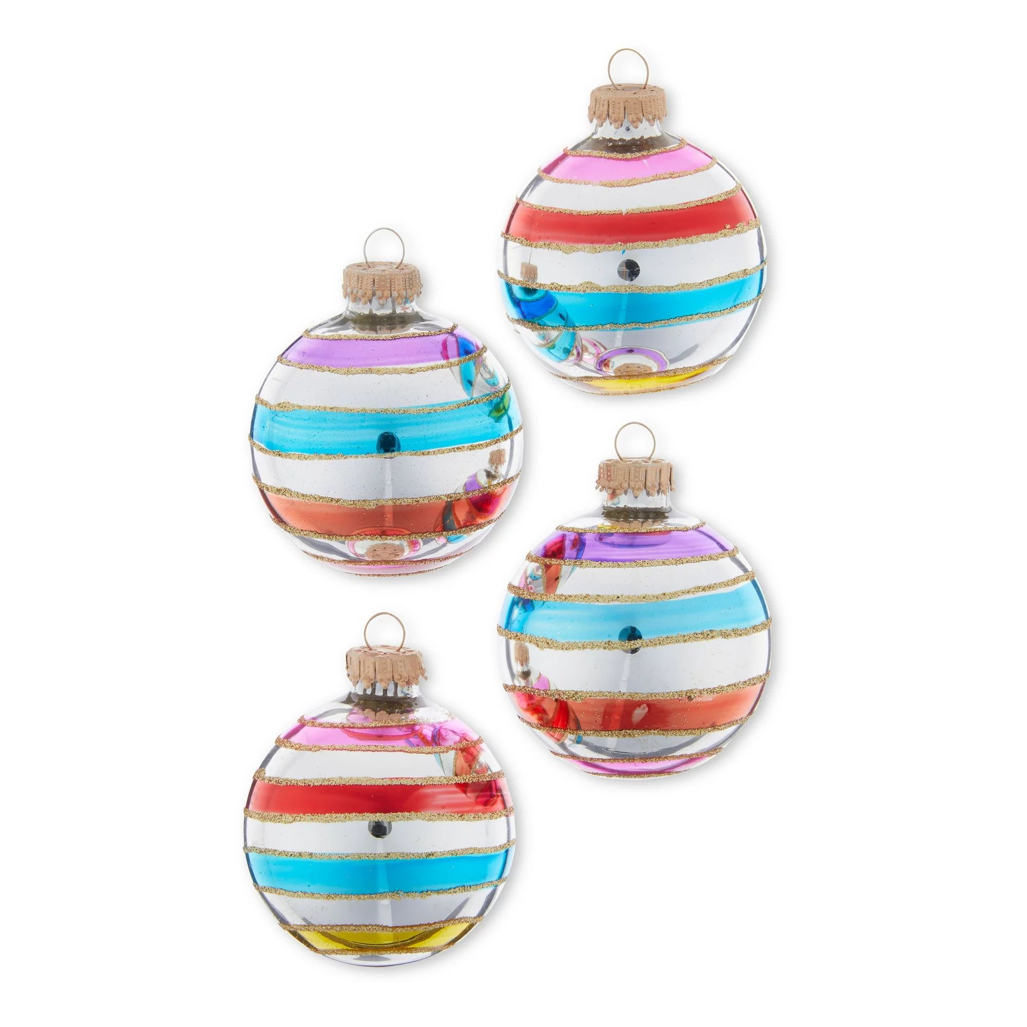 Multi-Color Striped Round Glass Christmas Ornaments, 4 Count, 2 5/8 in, by Holiday Time | Walmart (US)