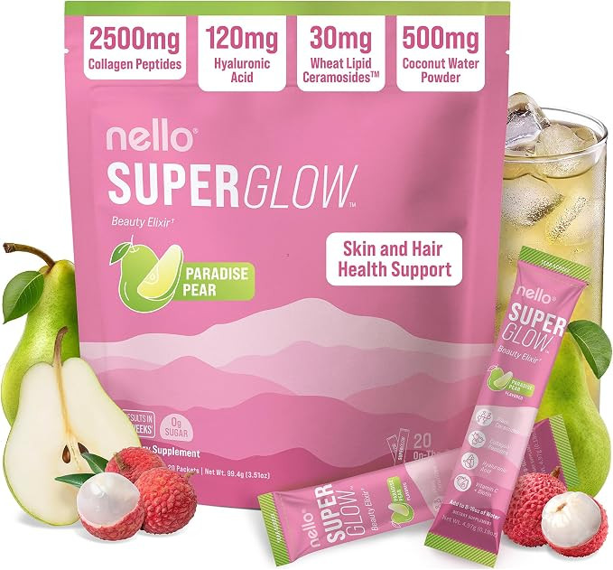 Nello Superglow Powdered Drink Mix, Skin Hydration, Glow & Hair Support, Collagen Peptides, Hyalu... | Amazon (US)
