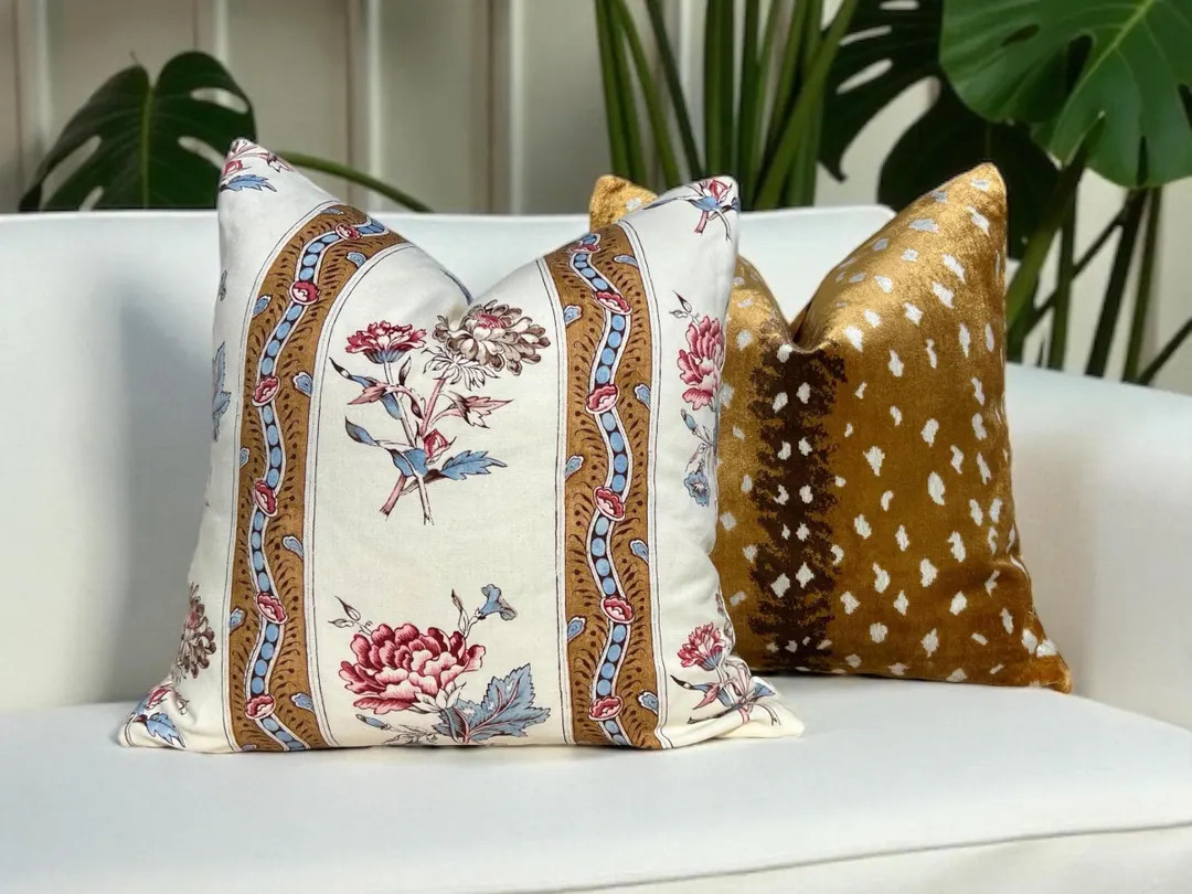 Schumacher Ariana Floral Stripe Linen Pillow in Document, French Cushion Bronze, Blue and Red, De... | Etsy (US)