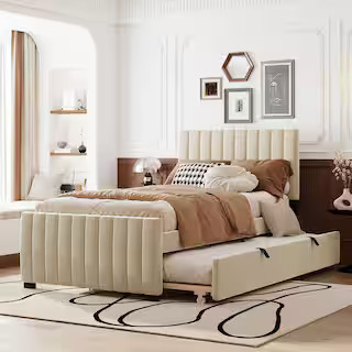 Channel-Tufted Beige Wood Frame Twin Size Velvet Upholstered Platform Bed with Twin Size Trundle | The Home Depot
