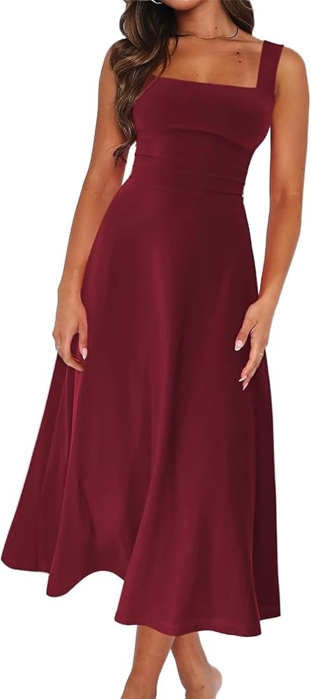 Midi Dresses for Women Summer Dresses Thick Shoulder Strap Square Collar Waist Slim A-line Dress ... | Amazon (US)