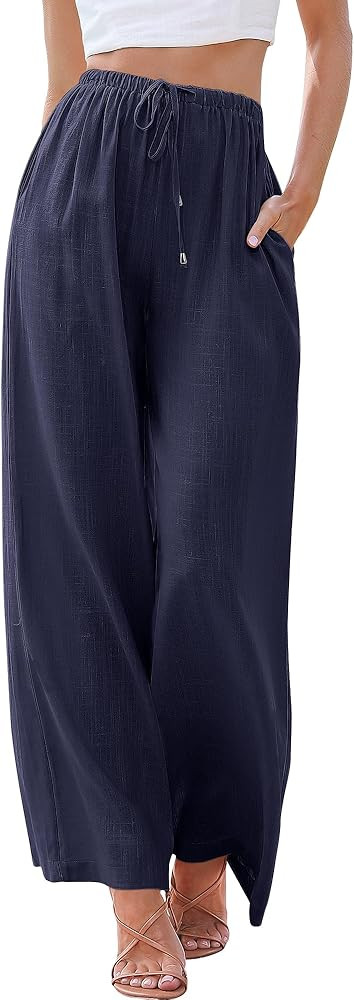 ANRABESS Women's Linen Summer Palazzo Pants Elastic Waist Casual Beach Trendy Wide Leg Trousers w... | Amazon (US)