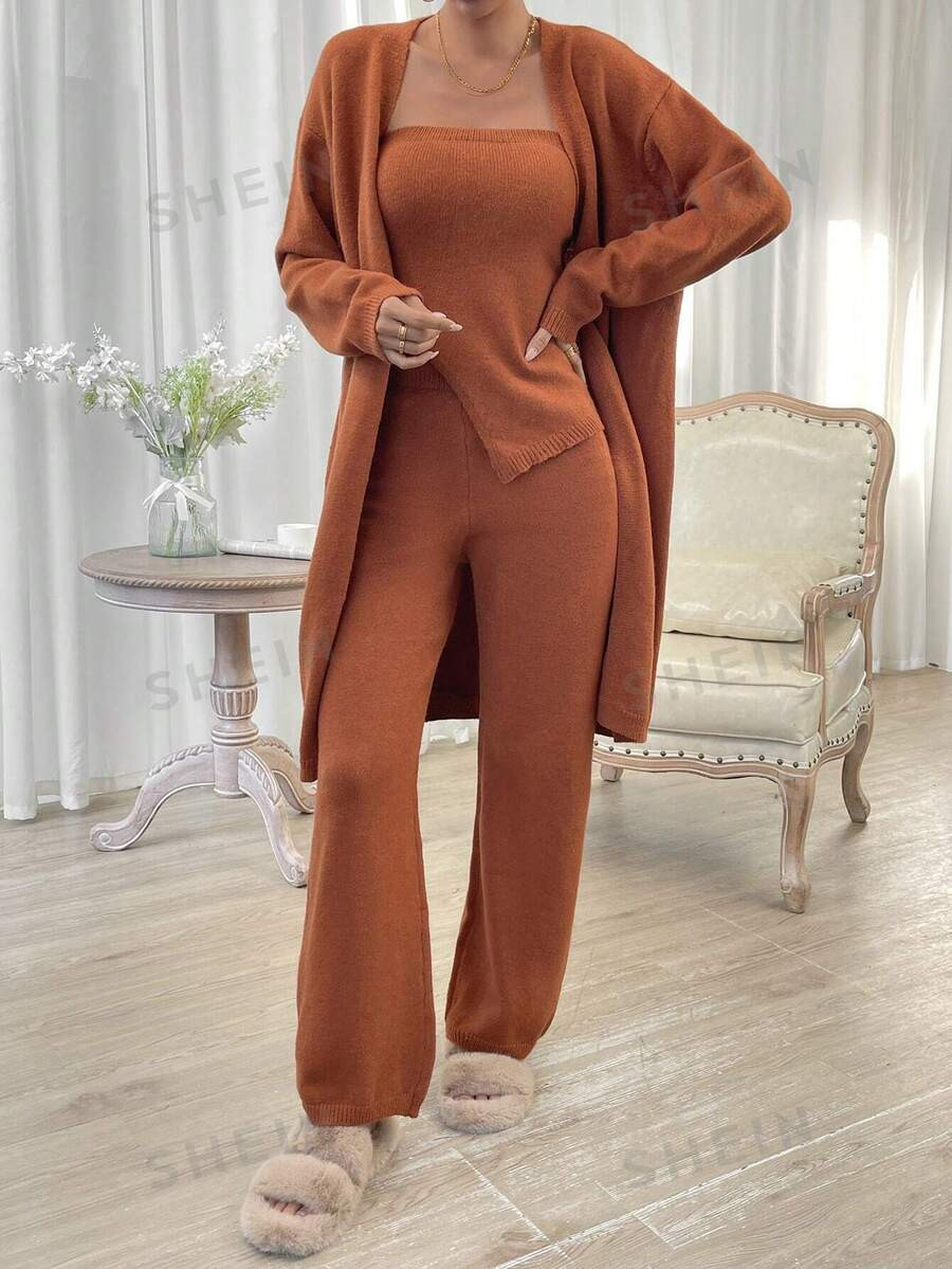 SHEIN Essnce Solid Tube Knit Top & Knit Pants & Drop Shoulder Cardigan | SHEIN