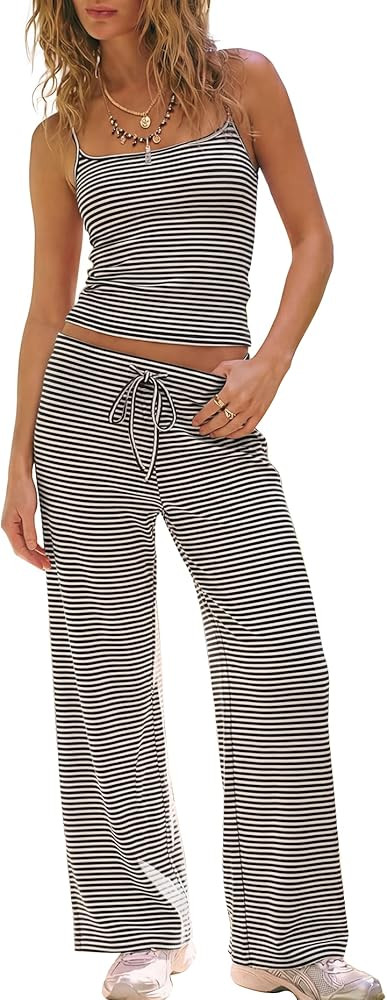 Darong Women's 2 Piece Matching Lounge Set Striped Sleeveless Top Wide Leg Pants 2026 Travel Clot... | Amazon (US)