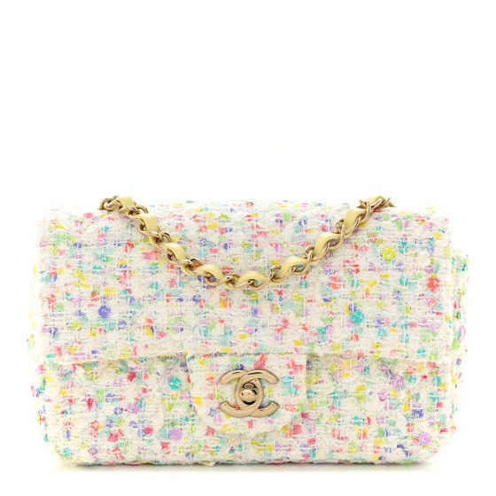 Chanel Tweed Quilted Mini Rectangular Flap Ecru Green Purple Red Yellow | FASHIONPHILE (US)