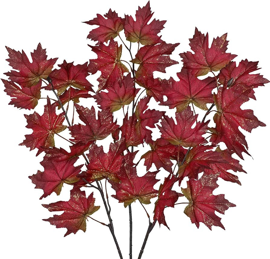 3Pcs Artificial Maple Leaves Branches Fake Fall Leaves Stems Plants Shiny Faux Maple Leaf Bushes ... | Amazon (US)