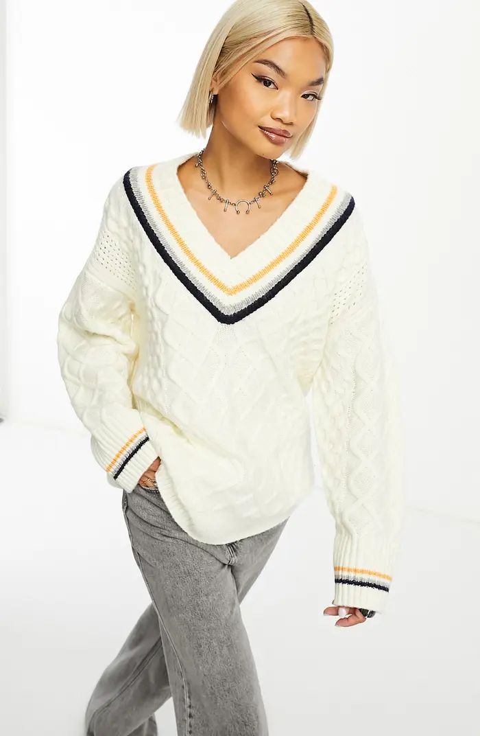 V-Neck Cable Knit Varsity Sweater | Nordstrom