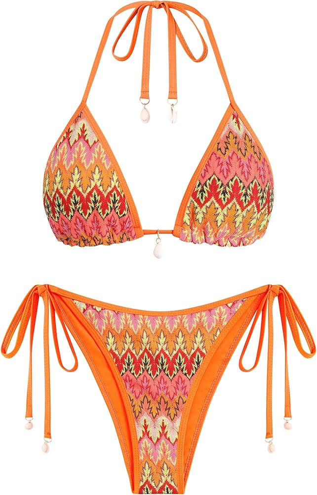 ZAFUL Women's Colorblock Stripes Triangle Halter Tied Cheeky Thong Bikini Set High Cut Two Piece ... | Amazon (US)