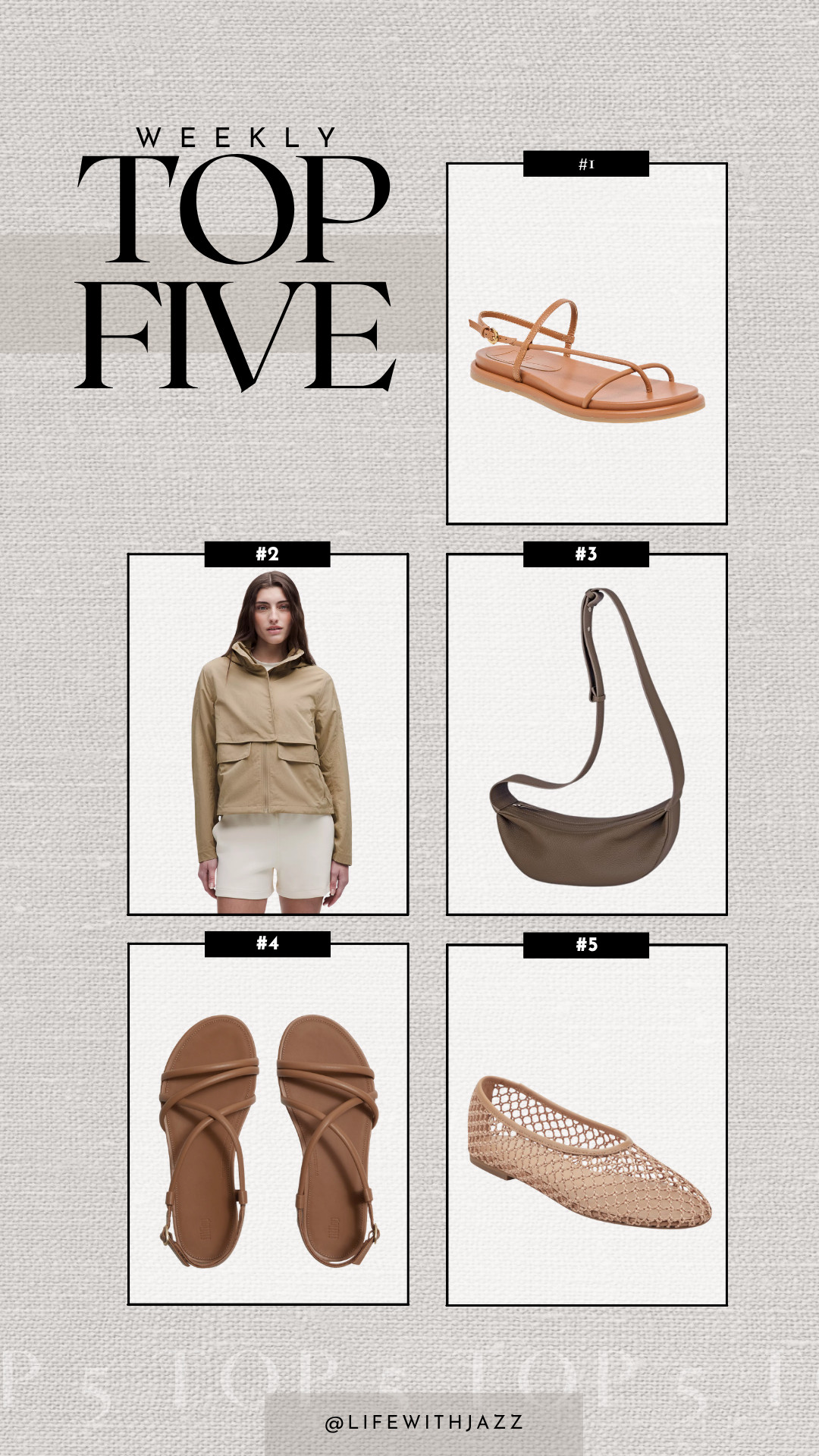 this week's top 5: 

1. dolce vita strappy sandals -- have thick padding + are comfortable to wear all day 
2. lululemon always effortless lightweight jacket -- waterproof + wind-resistant 
3. amazon leather crossbody 
4. fitflop gracie strappy sandals -- have arch support + absorb impact 
5. marc fisher ballet flat -- comes in 5 colors 

 #LTKSeasonal