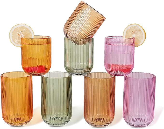 Set of 8 Dopamine-colored-match Ribbed Glassware,4 Highball Glasses 14oz & 4 Rocks Drinking Glass... | Amazon (US)