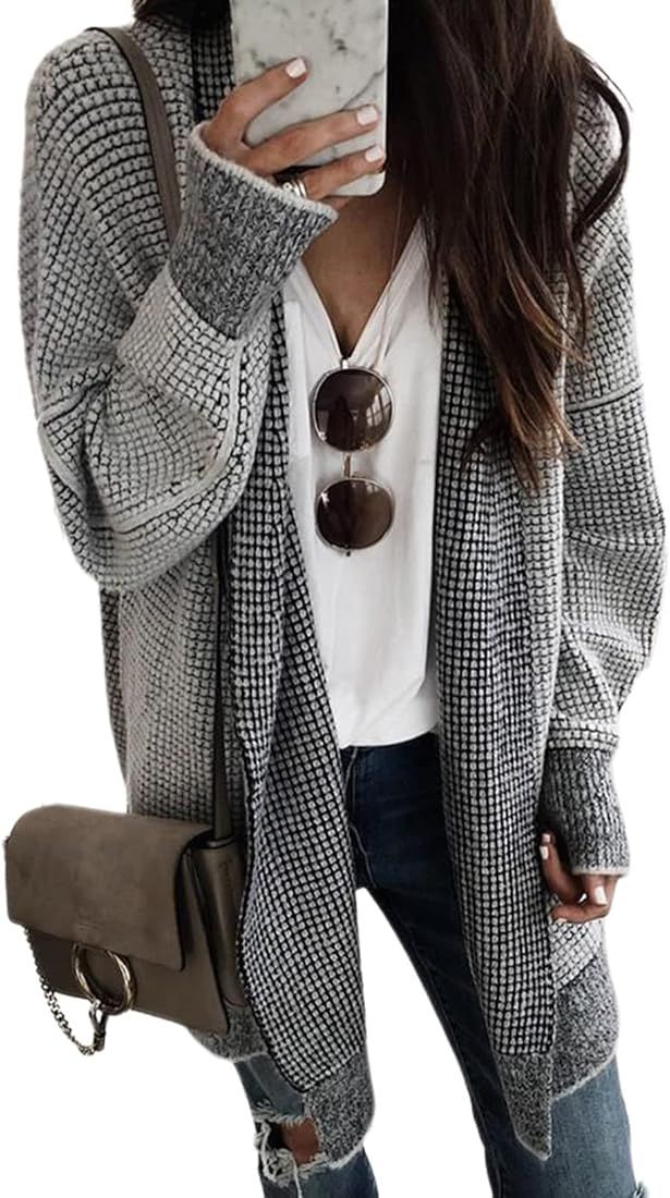 Womens Plaid Long Sleeve Open Front Cardigan Oversized Chunky Knit Sweaters Coat | Amazon (US)